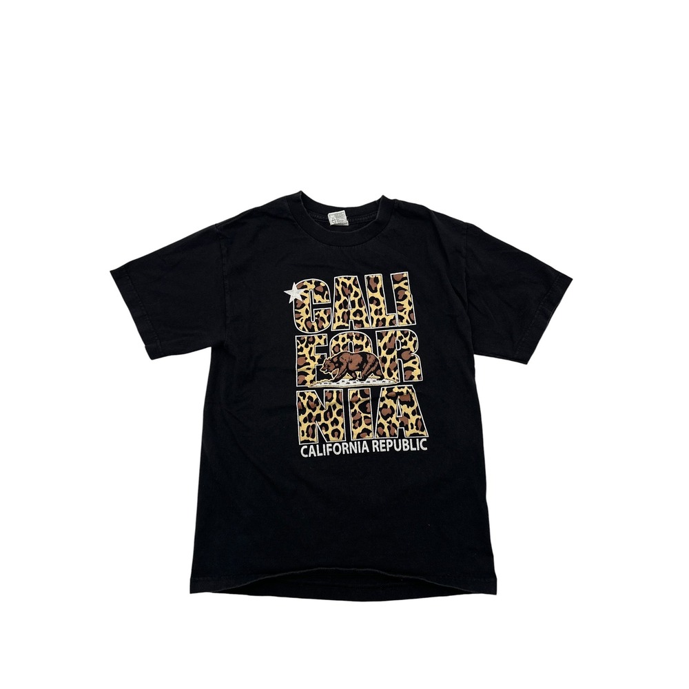California Republic T-Shirt Small Black Leopard Print‎ Graphic Tee Grizzly Bear